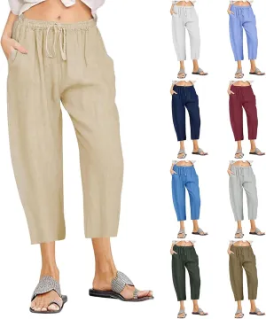 Linen Capri Pants for Women Plus Size Summer Casual Loose Comfy Beach Pants Cropped Vacation Outfits with Pockets