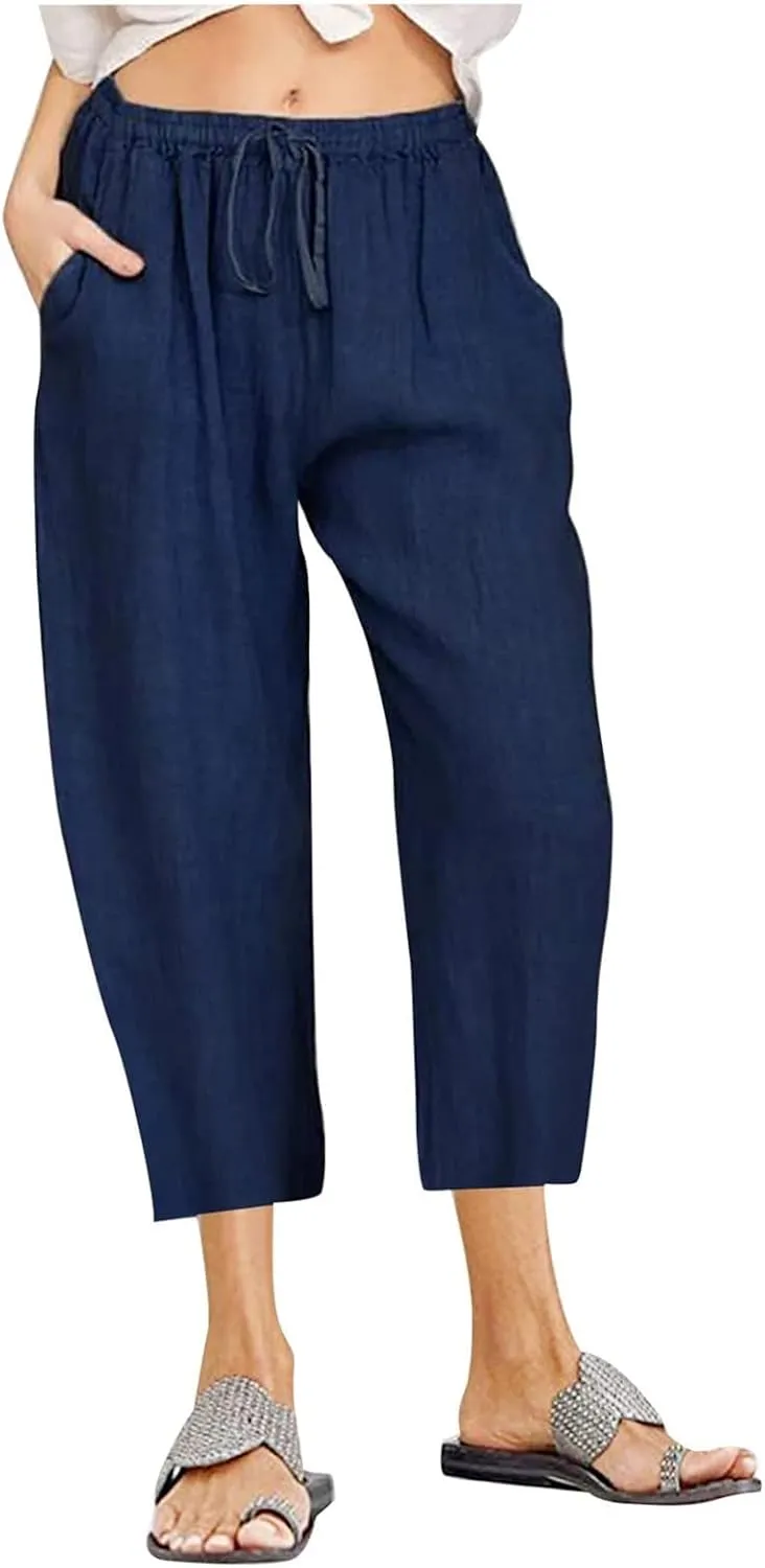 Linen Capri Pants for Women Plus Size Summer Casual Loose Comfy Beach Pants Cropped Vacation Outfits with Pockets
