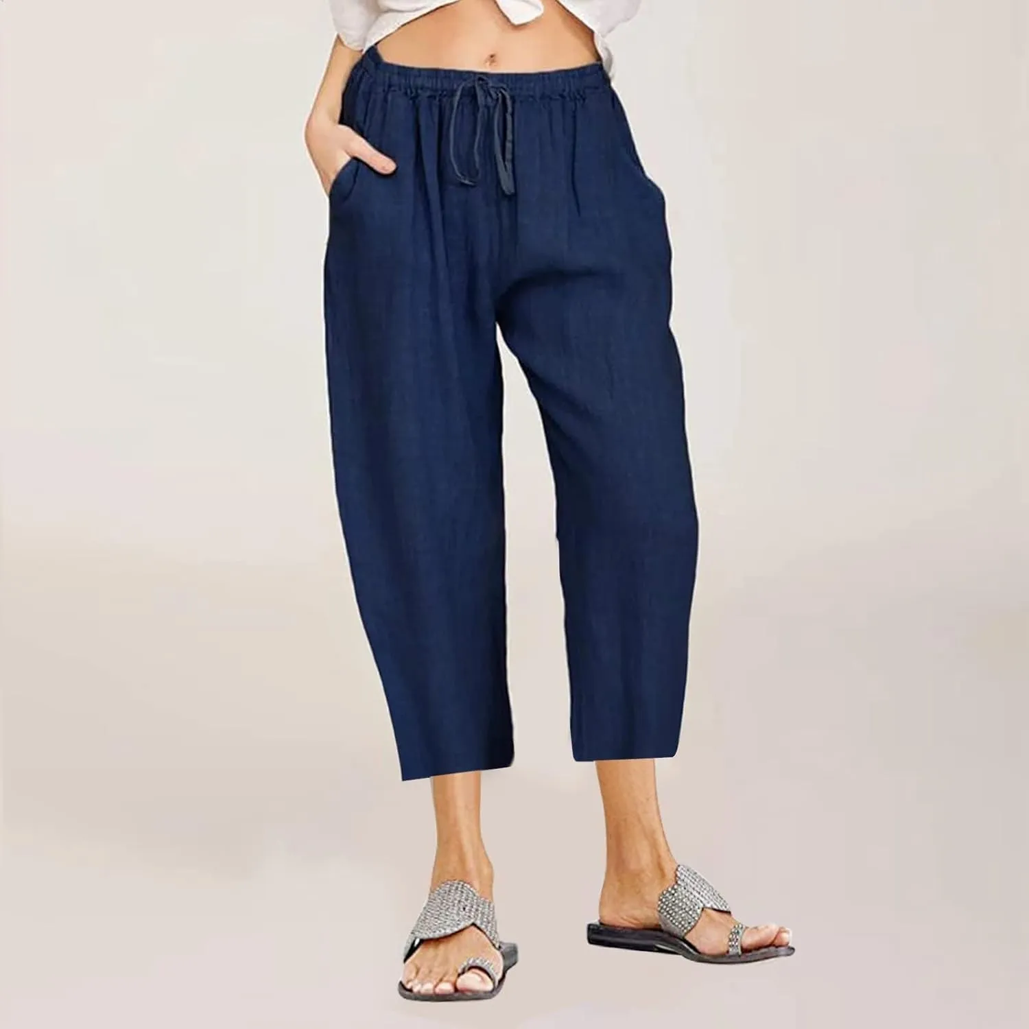 Linen Capri Pants for Women Plus Size Summer Casual Loose Comfy Beach Pants Cropped Vacation Outfits with Pockets