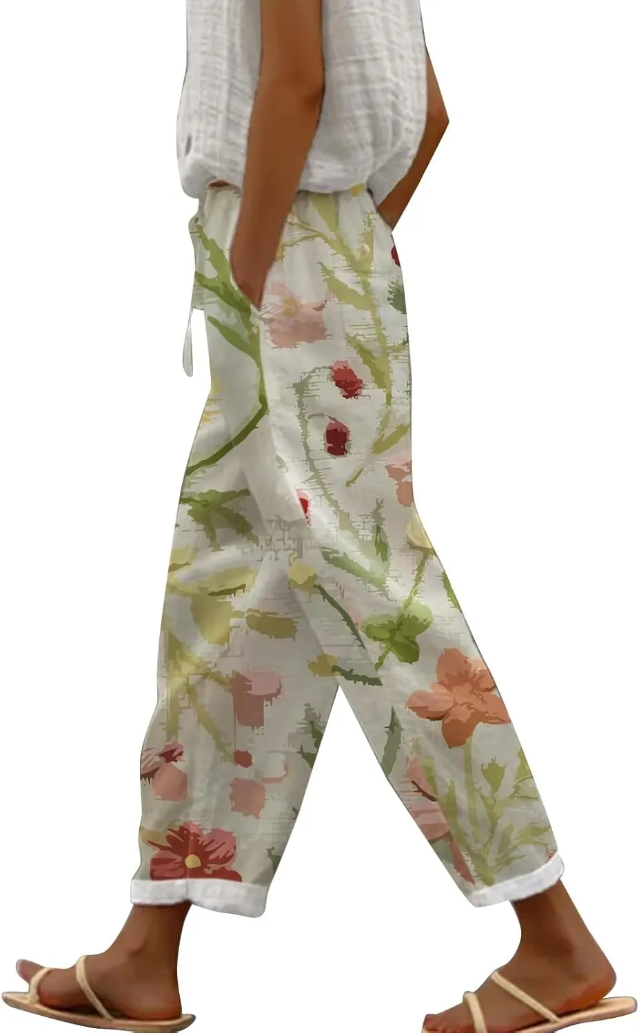 Linen Capri Pants for Women Summer Cute Floaral Print Comfy Wide Leg Baggy Trousers Beach Palazzo Pants with Pockets