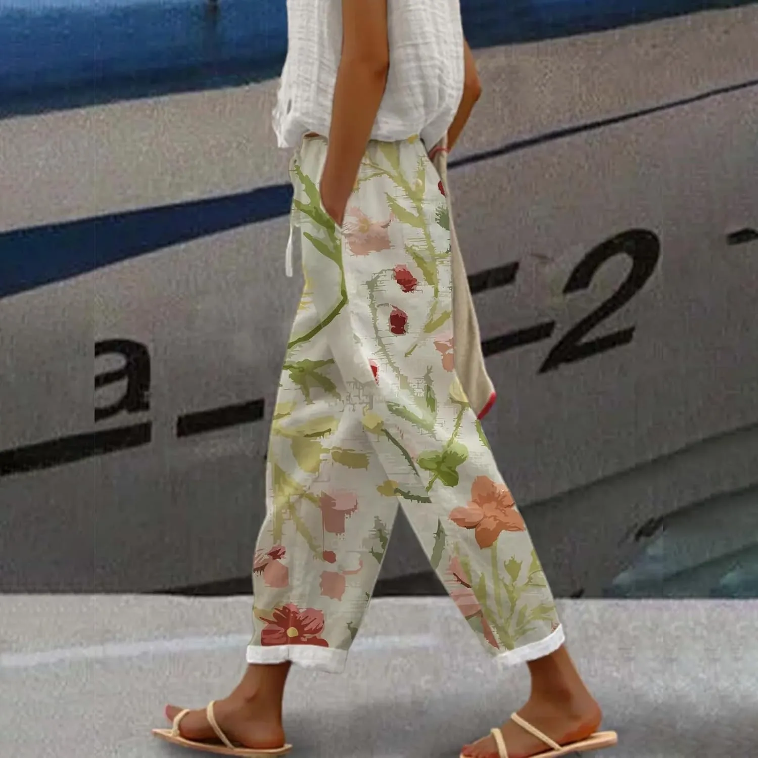 Linen Capri Pants for Women Summer Cute Floaral Print Comfy Wide Leg Baggy Trousers Beach Palazzo Pants with Pockets