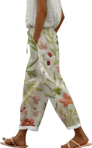 Linen Capri Pants for Women Summer Cute Floaral Print Comfy Wide Leg Baggy Trousers Beach Palazzo Pants with Pockets