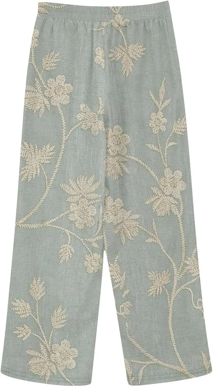 Linen Capris for Women Elastic Waisted Drawstring Capri Pants with Pockets Boho Floral Casual Summer Cropped Pants