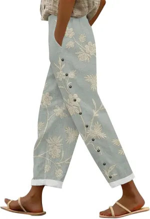 Linen Capris for Women Elastic Waisted Drawstring Capri Pants with Pockets Boho Floral Casual Summer Cropped Pants