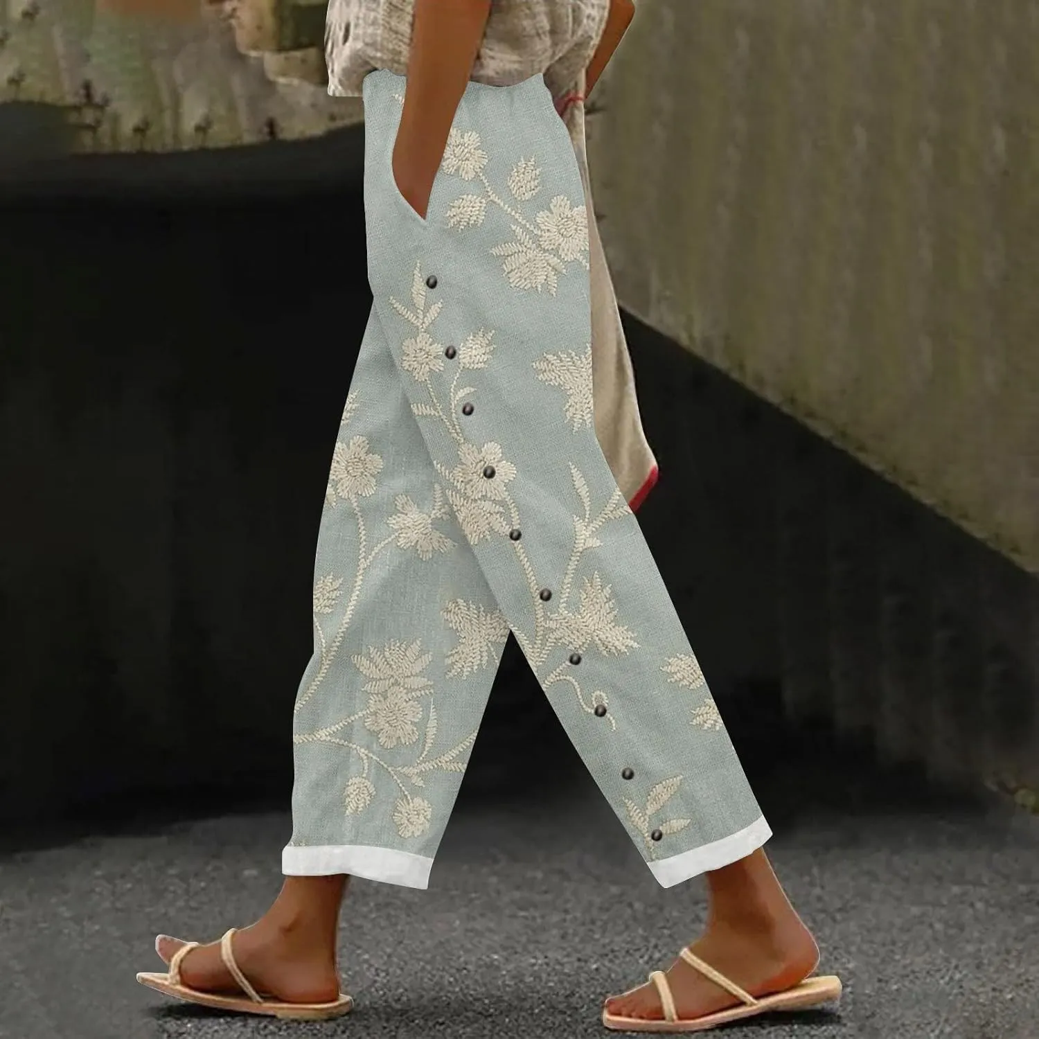 Linen Capris for Women Elastic Waisted Drawstring Capri Pants with Pockets Boho Floral Casual Summer Cropped Pants