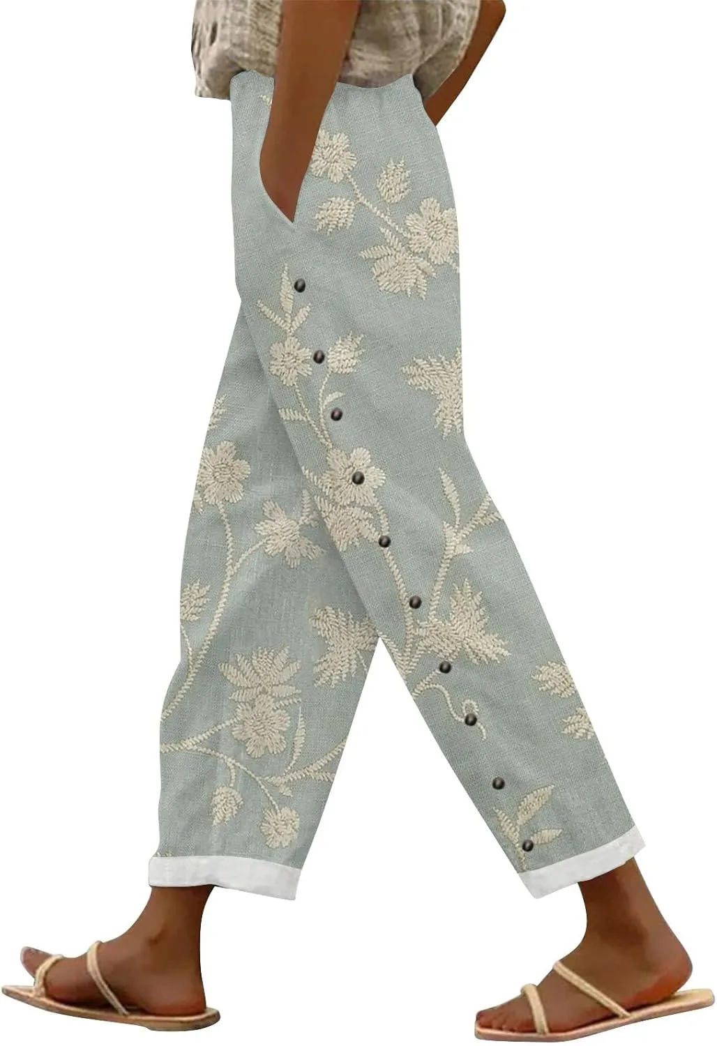 Linen Capris for Women Elastic Waisted Drawstring Capri Pants with Pockets Boho Floral Casual Summer Cropped Pants