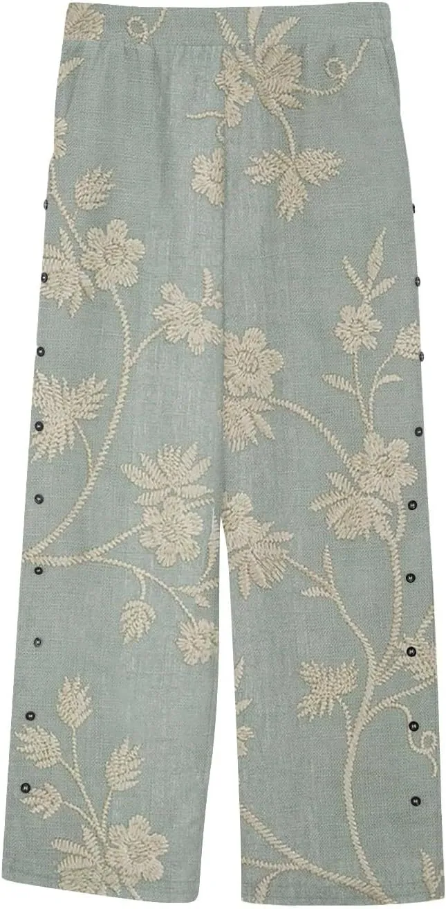 Linen Capris for Women Elastic Waisted Drawstring Capri Pants with Pockets Boho Floral Casual Summer Cropped Pants