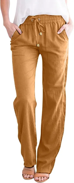 Linen Cotton Pants for Women 2025 High Waist Elastic Straight Leg Lounge Casual Loose Lightweight Beach Trousers