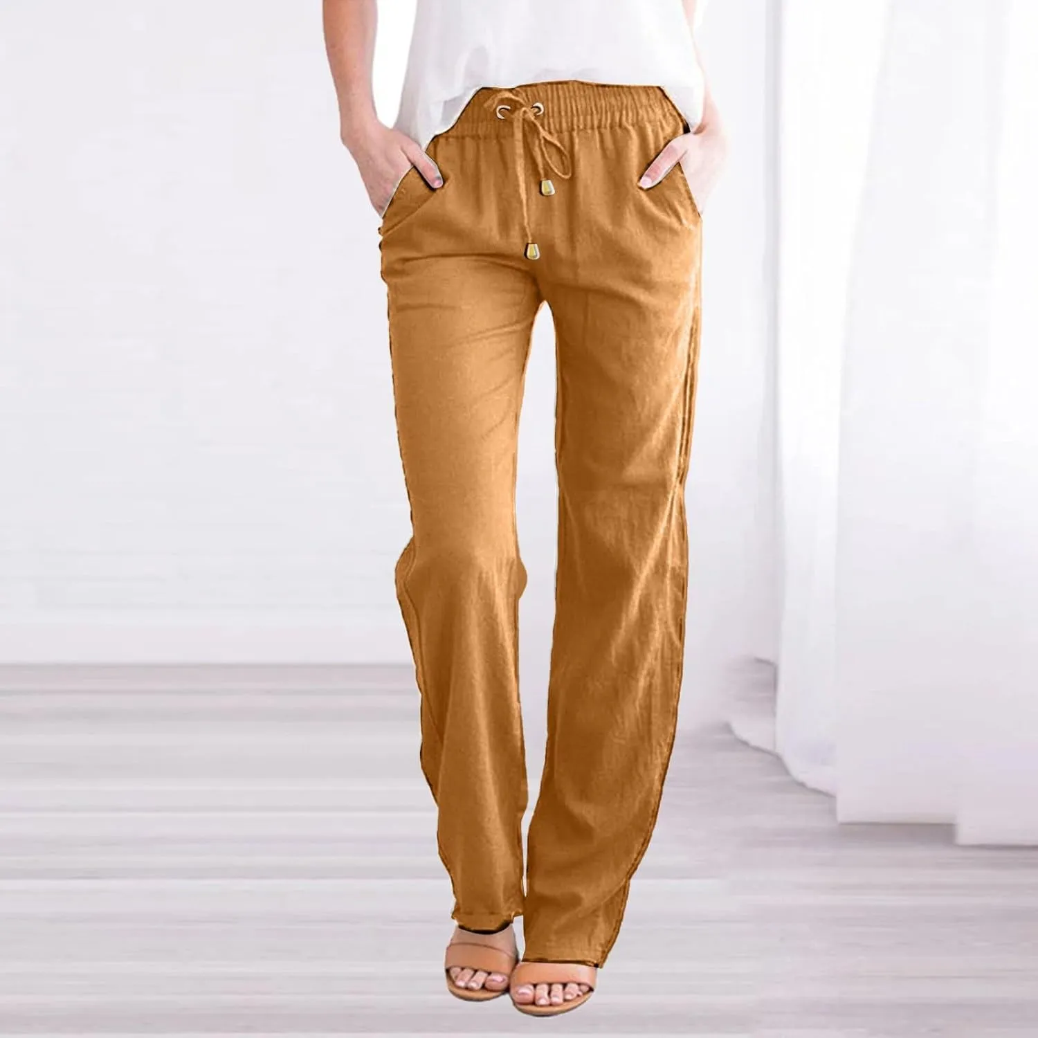Linen Cotton Pants for Women 2025 High Waist Elastic Straight Leg Lounge Casual Loose Lightweight Beach Trousers