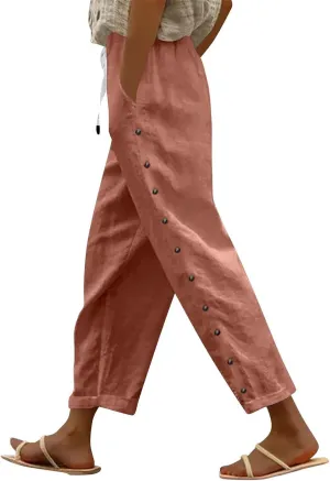 Linen Crop Pants for Women Summer Casual Drawstring Waist Baggy Pants Side Button Down Straight Trousers with Pockets