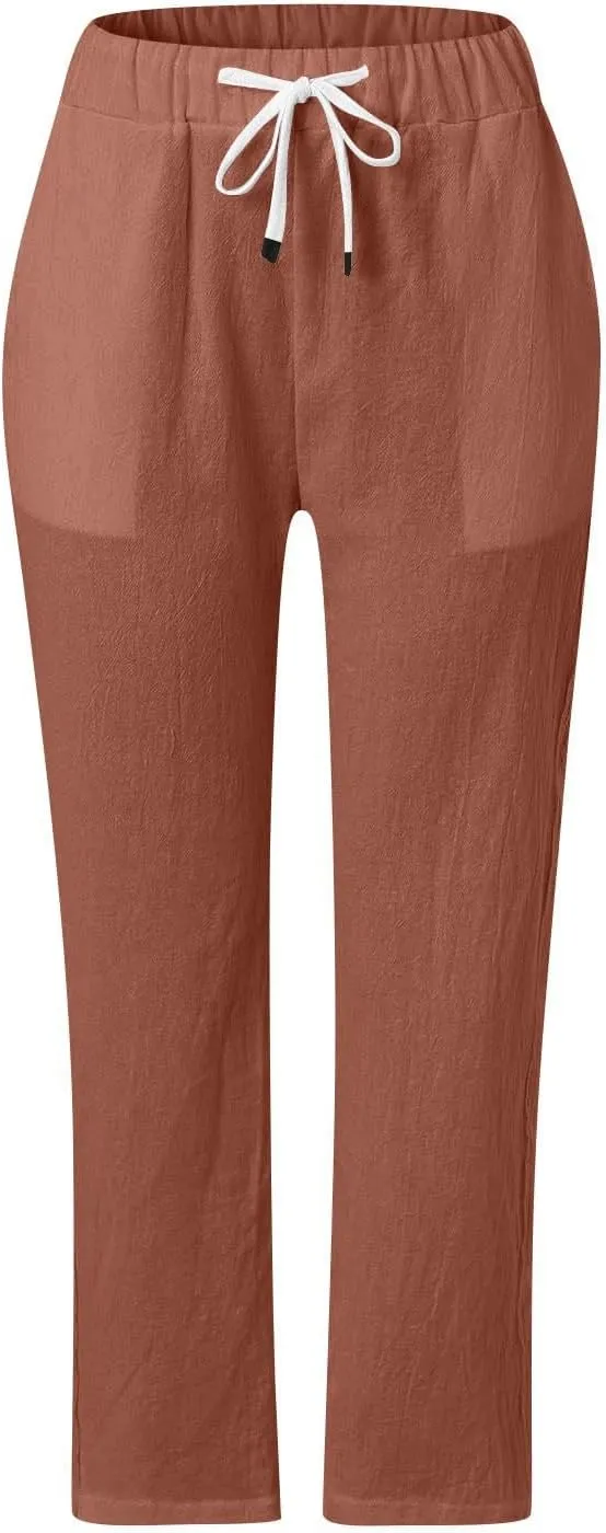 Linen Crop Pants for Women Summer Casual Drawstring Waist Baggy Pants Side Button Down Straight Trousers with Pockets