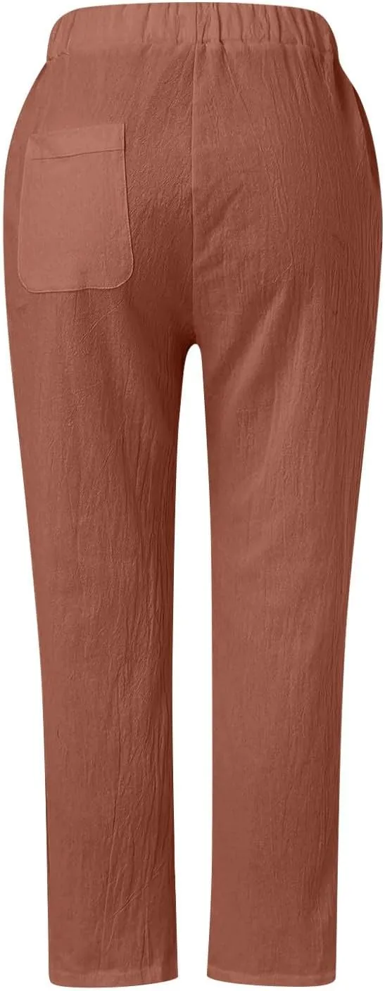 Linen Crop Pants for Women Summer Casual Drawstring Waist Baggy Pants Side Button Down Straight Trousers with Pockets