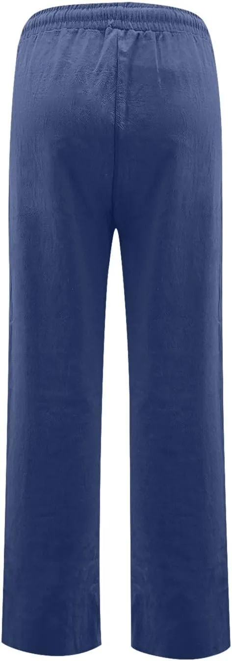 Linen Dress Pants Women Summer Casual Cotton Straight Leg Pants Elastic High Waisted Business Work Pants with Pockets