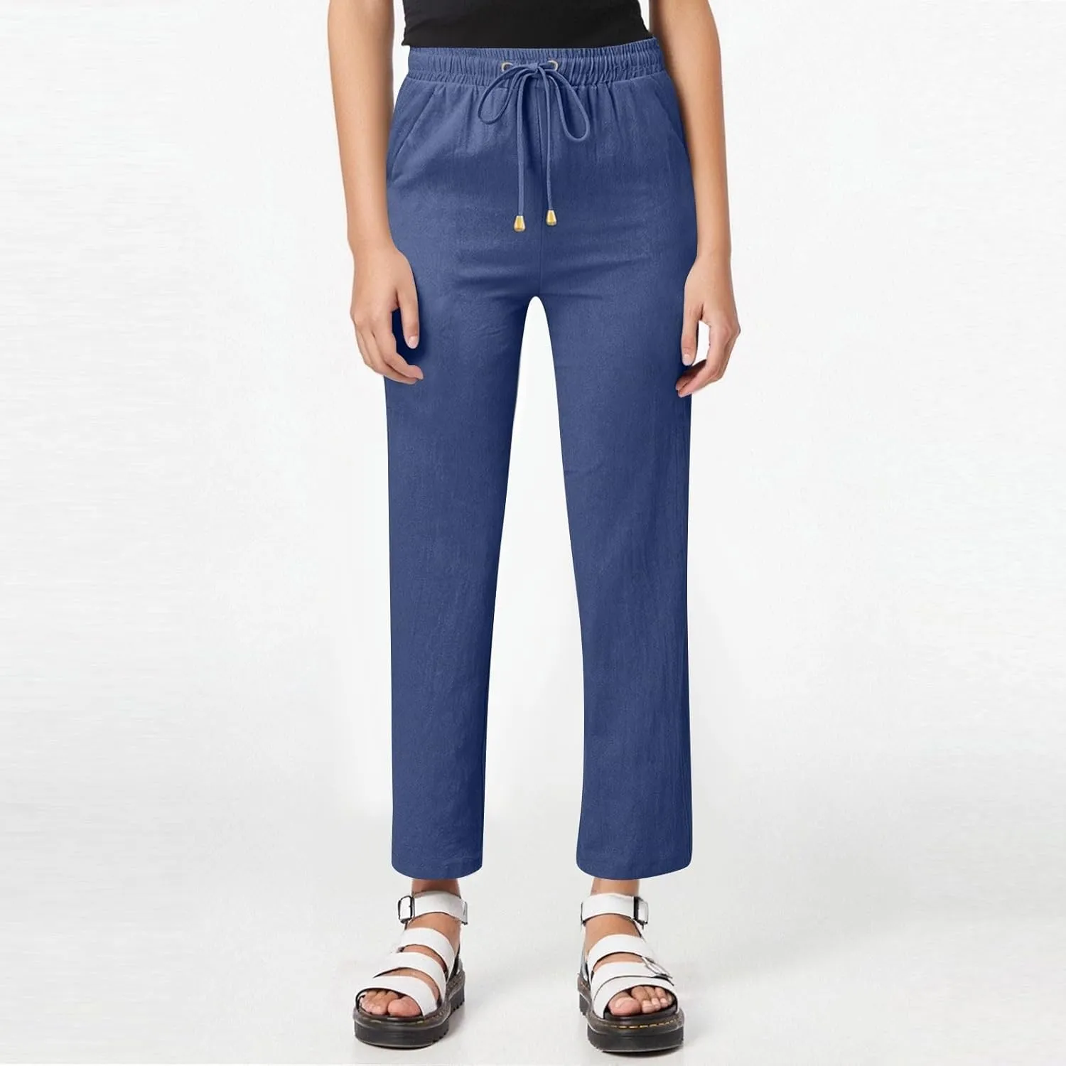 Linen Dress Pants Women Summer Casual Cotton Straight Leg Pants Elastic High Waisted Business Work Pants with Pockets
