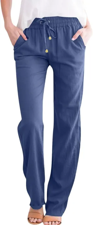 Linen Dress Pants Women Summer Casual Cotton Straight Leg Pants Elastic High Waisted Business Work Pants with Pockets