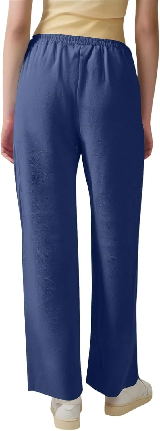 Linen Dress Pants Women Summer Casual Cotton Straight Leg Pants Elastic High Waisted Business Work Pants with Pockets
