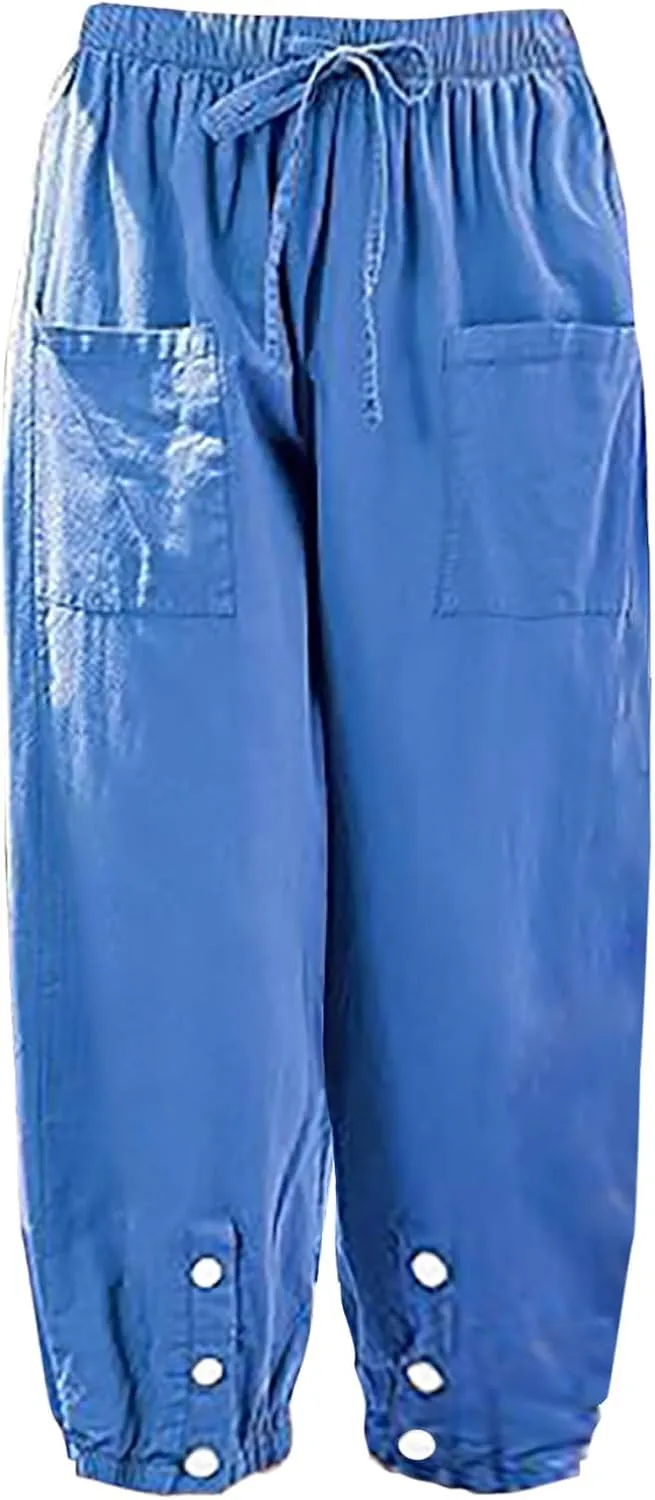 Linen Elastic Waist Pants Women Spring Elastic Trousers Womens Work Wide Leg Lounge Pant Cotton