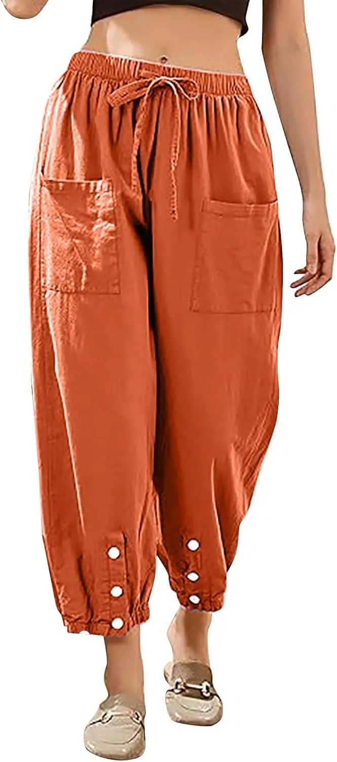 Linen Elastic Waist Pants Women Spring Elastic Trousers Womens Work Wide Leg Lounge Pant Cotton