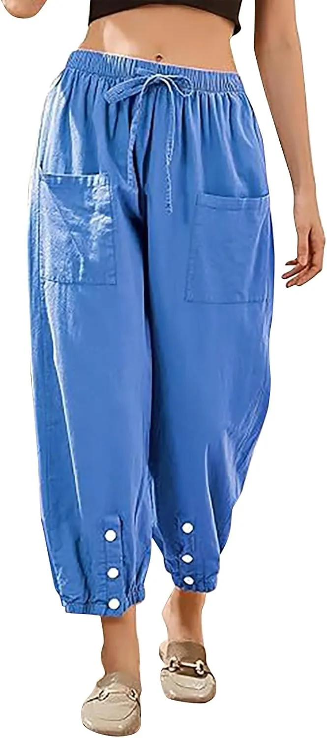 Linen Elastic Waist Pants Women Spring Elastic Trousers Womens Work Wide Leg Lounge Pant Cotton