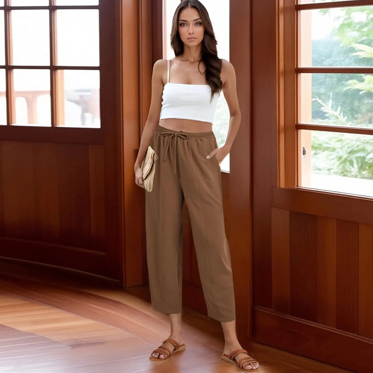 Linen Harem Pants Women Casual Summer High Waisted Beach Pants Baggy Lightweight Cropped Pant with Pockets