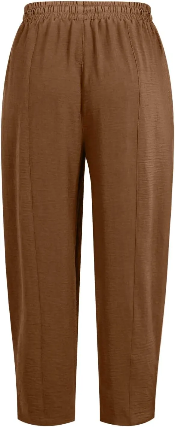 Linen Harem Pants Women Casual Summer High Waisted Beach Pants Baggy Lightweight Cropped Pant with Pockets