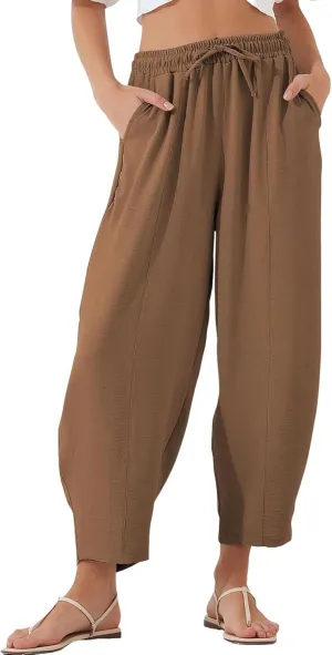 Linen Harem Pants Women Casual Summer High Waisted Beach Pants Baggy Lightweight Cropped Pant with Pockets