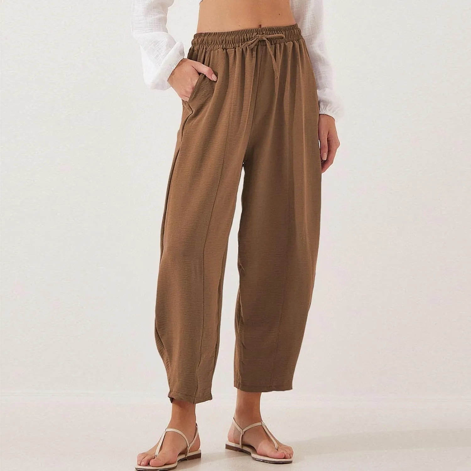 Linen Harem Pants Women Casual Summer High Waisted Beach Pants Baggy Lightweight Cropped Pant with Pockets
