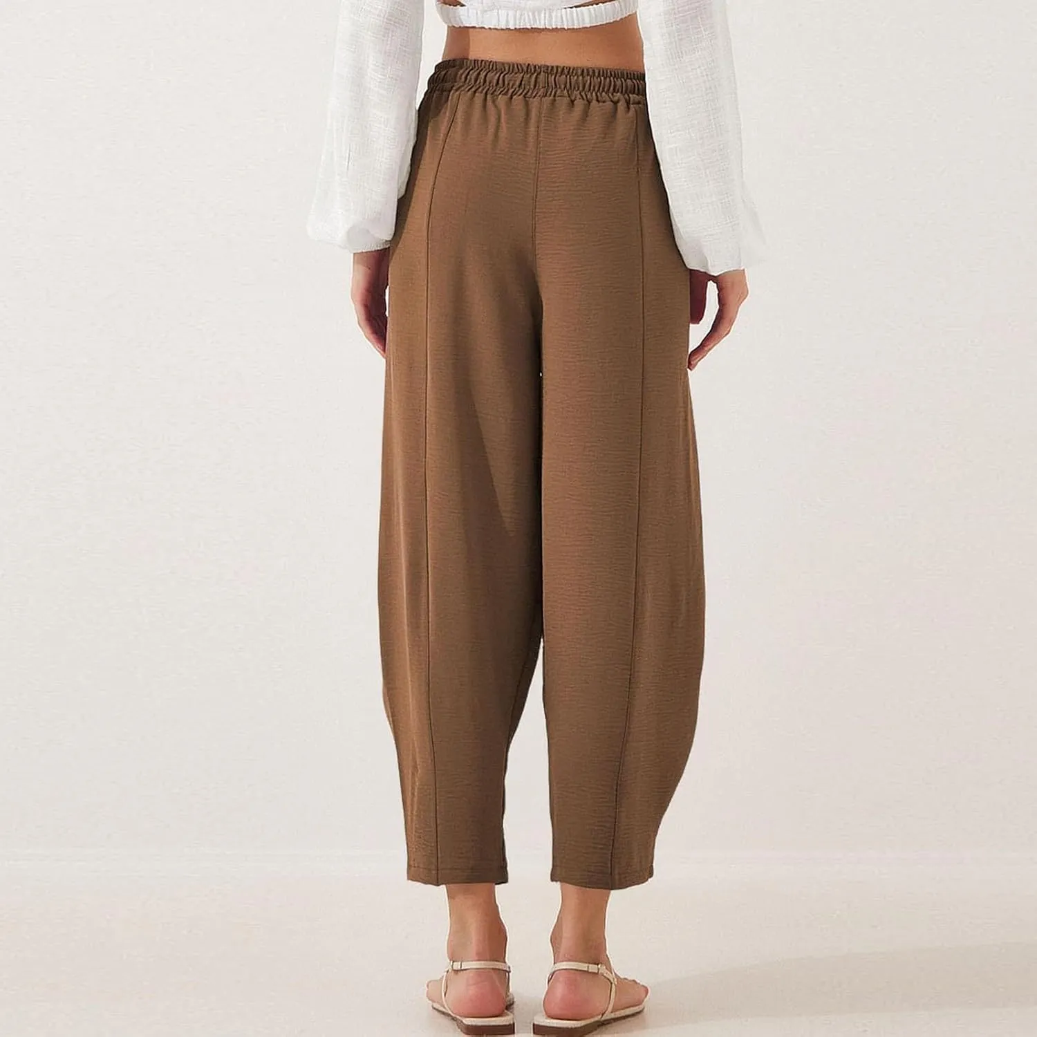Linen Harem Pants Women Casual Summer High Waisted Beach Pants Baggy Lightweight Cropped Pant with Pockets