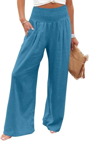 Linen Palazzo Pants for Women Casual Straight Drawstring Beach Loose Linen Outfits Women