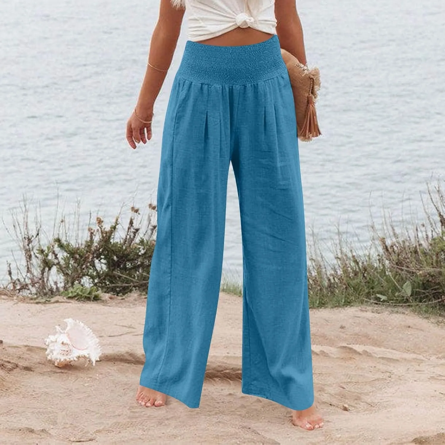 Linen Palazzo Pants for Women Casual Straight Drawstring Beach Loose Linen Outfits Women