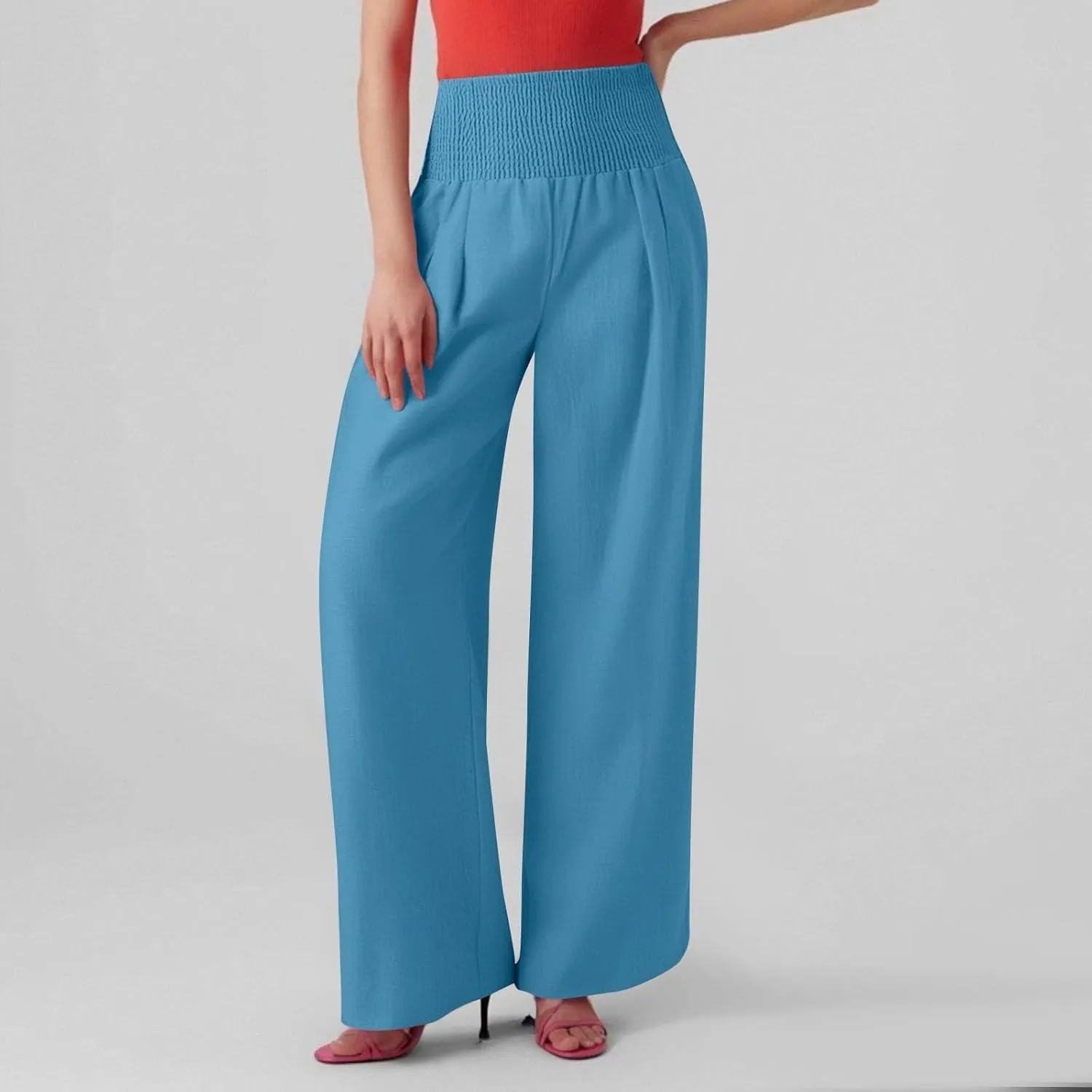 Linen Palazzo Pants for Women Casual Straight Drawstring Beach Loose Linen Outfits Women