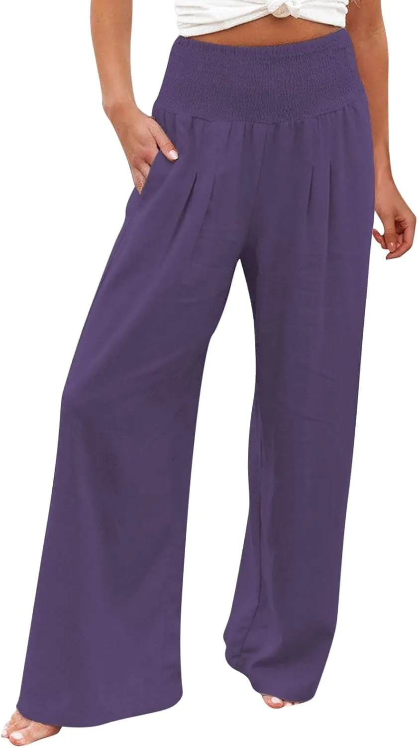 Linen Palazzo Pants for Women Summer Boho Wide Leg Pants High Waist Flowy Trousers 2025 Trendy Beach Vacation Clothes