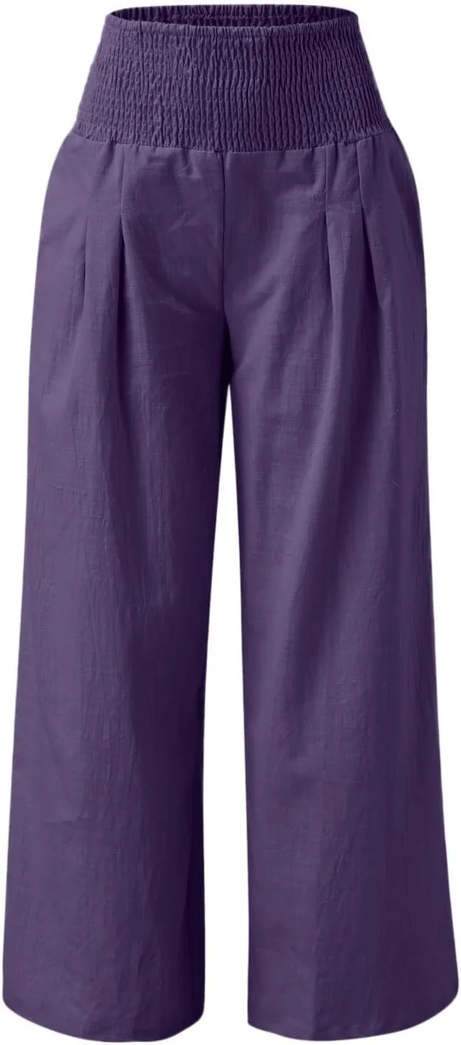 Linen Palazzo Pants for Women Summer Boho Wide Leg Pants High Waist Flowy Trousers 2025 Trendy Beach Vacation Clothes