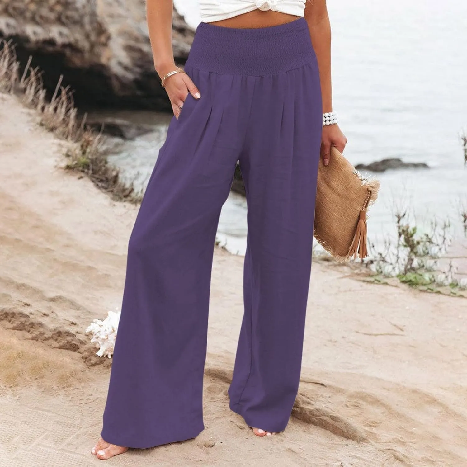 Linen Palazzo Pants for Women Summer Boho Wide Leg Pants High Waist Flowy Trousers 2025 Trendy Beach Vacation Clothes