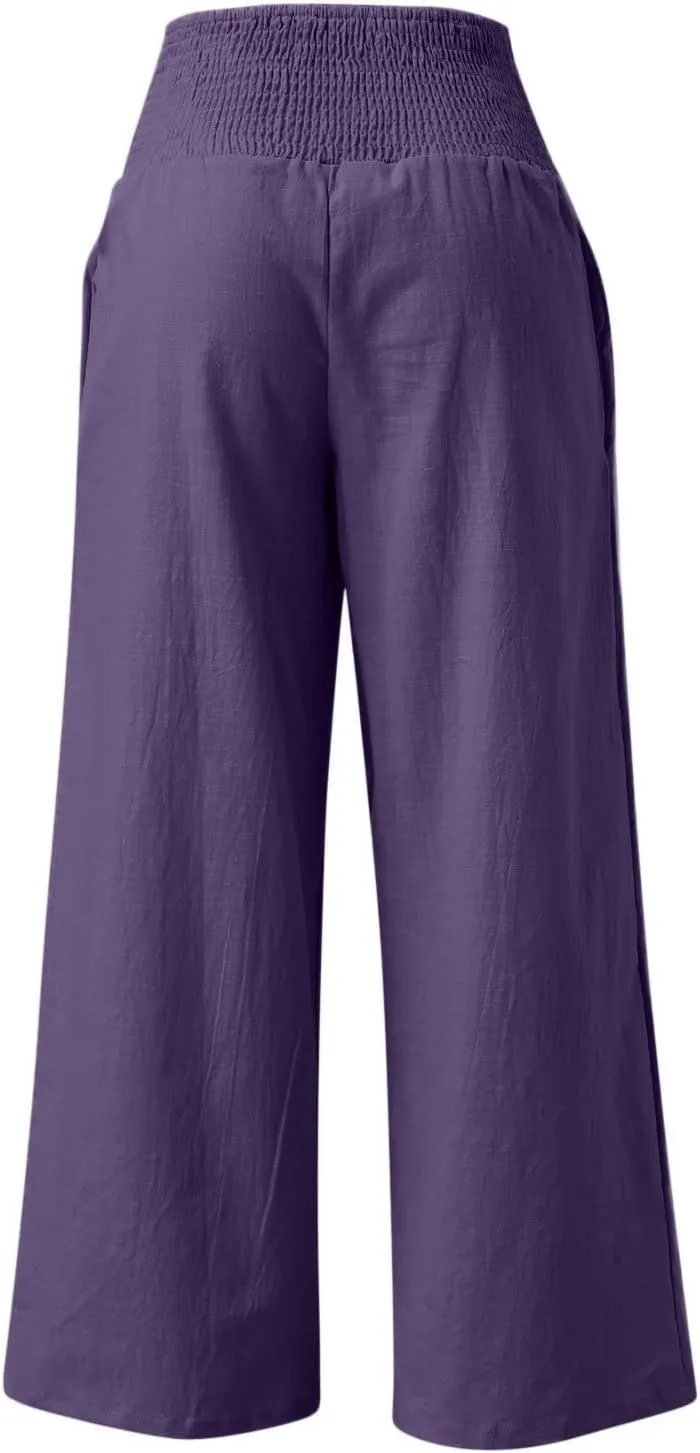 Linen Palazzo Pants for Women Summer Boho Wide Leg Pants High Waist Flowy Trousers 2025 Trendy Beach Vacation Clothes