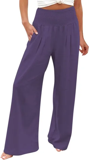 Linen Palazzo Pants for Women Summer Boho Wide Leg Pants High Waist Flowy Trousers 2025 Trendy Beach Vacation Clothes