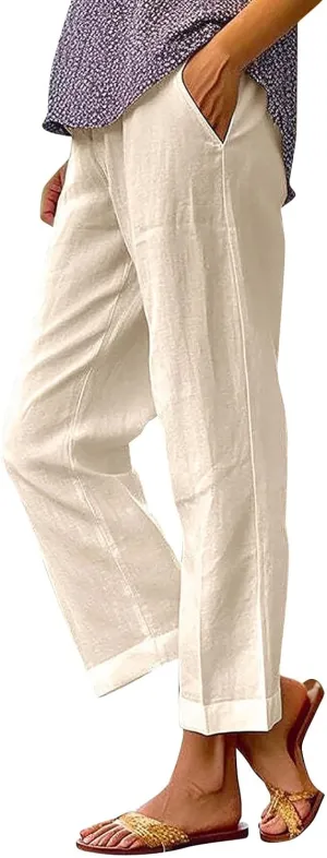 Linen Pants for Women 2025 High Waisted Wide Leg Trousers Trendy Solid Striped Elastic Waist Summer Gauze Capri Pants