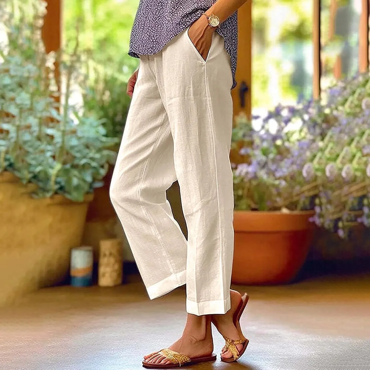 Linen Pants for Women 2025 High Waisted Wide Leg Trousers Trendy Solid Striped Elastic Waist Summer Gauze Capri Pants