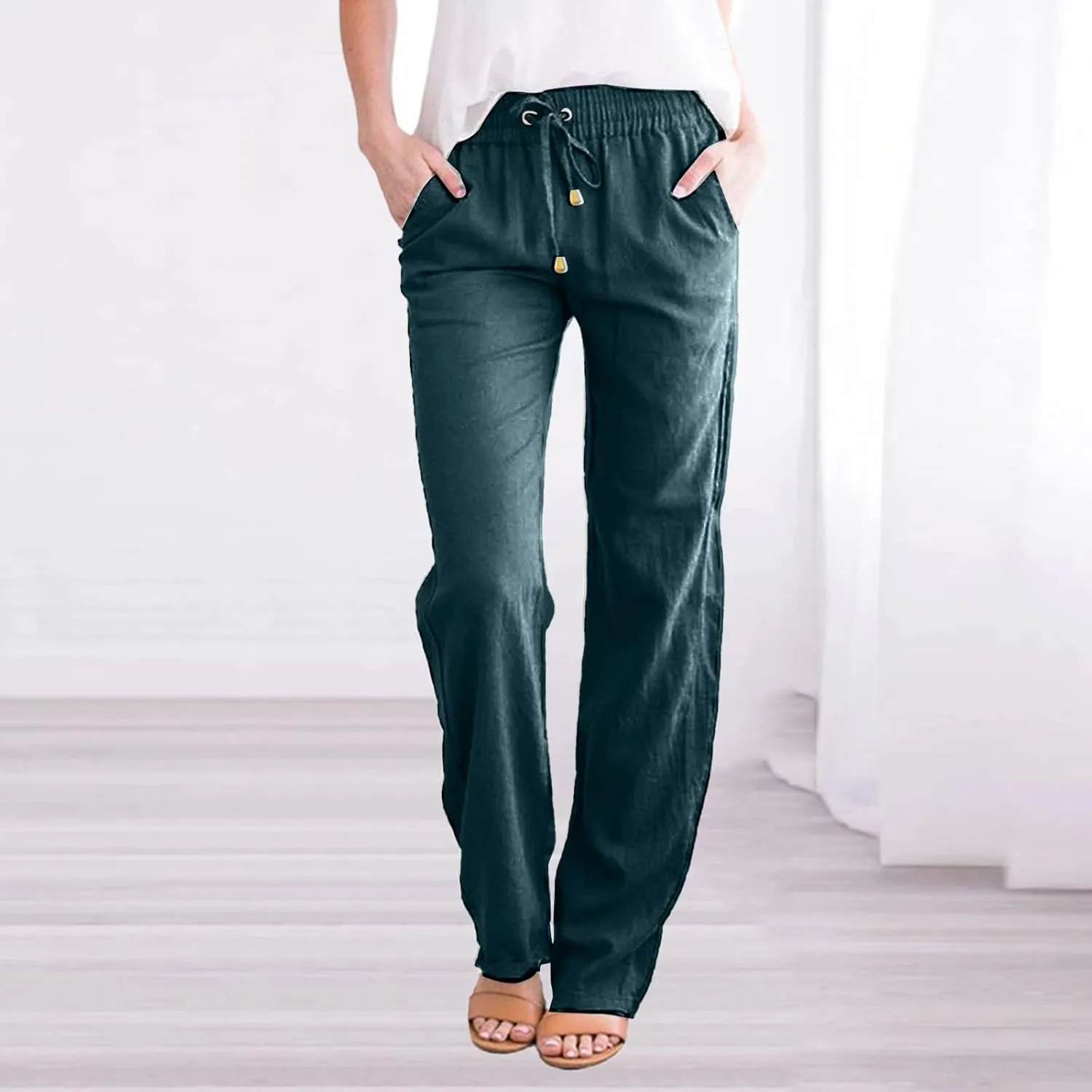 Linen Pants for Women 2025 Summer Drawstring Pants Casual Loose Wide Leg Lounge Trousers for Beach Travel Vacation