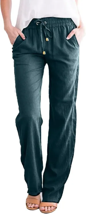 Linen Pants for Women 2025 Summer Drawstring Pants Casual Loose Wide Leg Lounge Trousers for Beach Travel Vacation