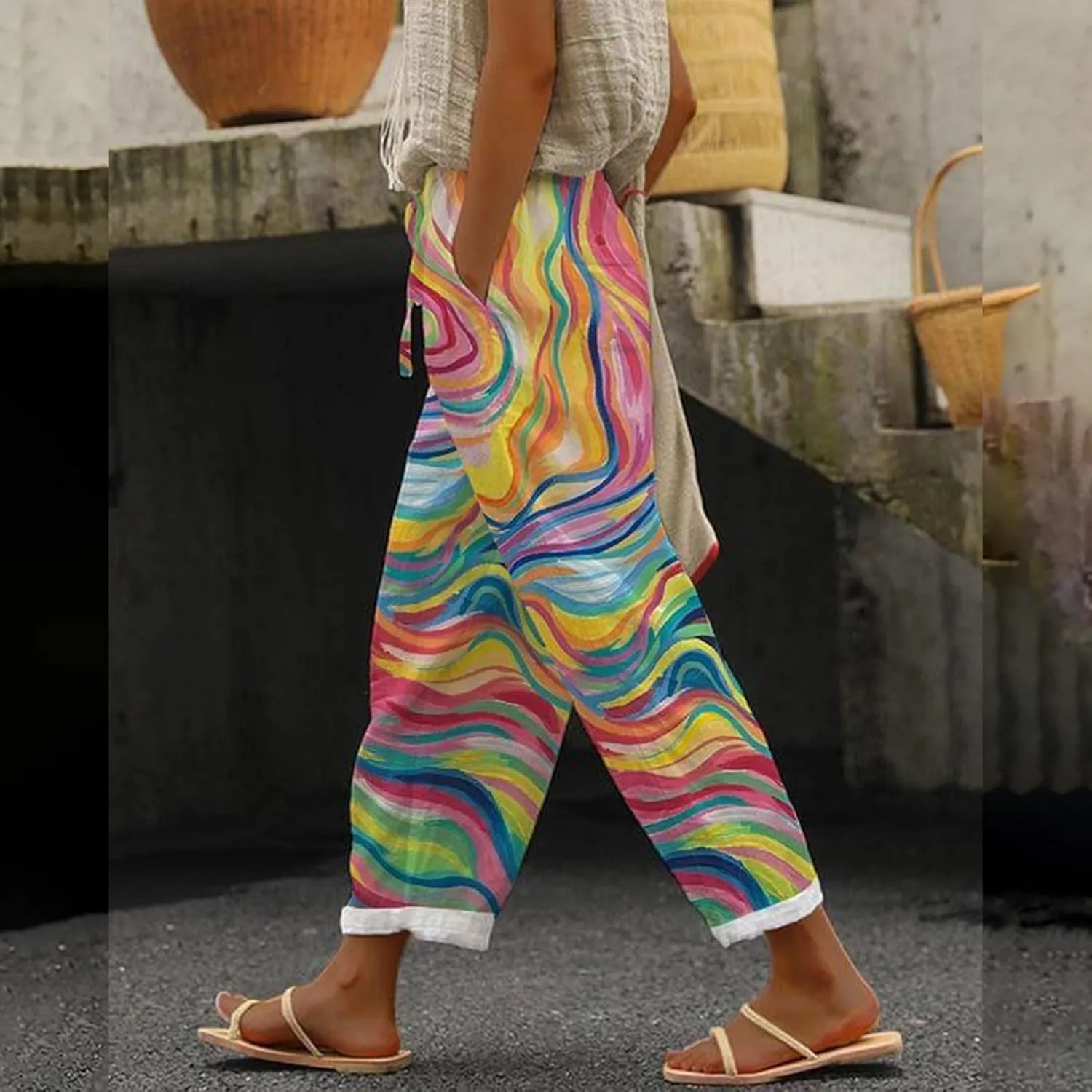 Linen Pants for Women 2025 Summer High Waist Elastic Straight Leg Lounge Capri Rainbow Print Loose Beach Trousers