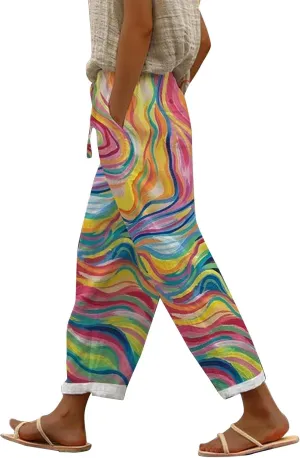 Linen Pants for Women 2025 Summer High Waist Elastic Straight Leg Lounge Capri Rainbow Print Loose Beach Trousers