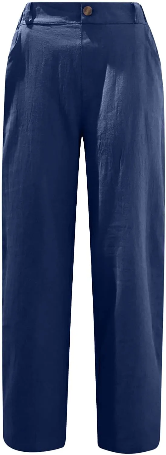 Linen Pants for Women High Waisted Wide Leg Capris Summer Casual Button Elastic Waist Cropped Trousers with Pockets