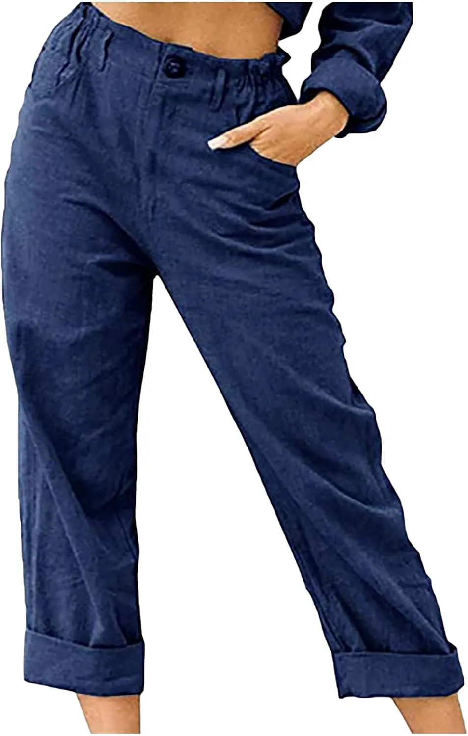 Linen Pants for Women High Waisted Wide Leg Capris Summer Casual Button Elastic Waist Cropped Trousers with Pockets