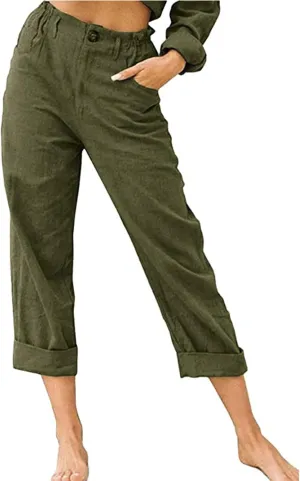 Linen Pants for Women High Waisted Wide Leg Capris Summer Casual Button Elastic Waist Cropped Trousers with Pockets