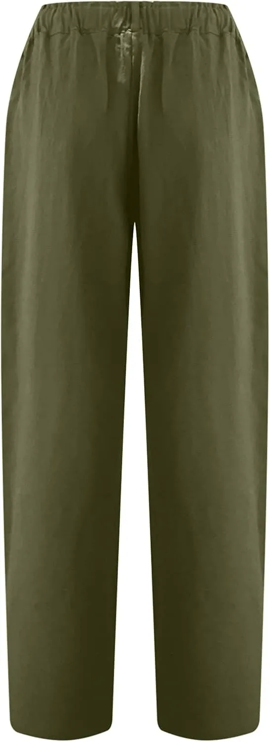 Linen Pants for Women High Waisted Wide Leg Capris Summer Casual Button Elastic Waist Cropped Trousers with Pockets