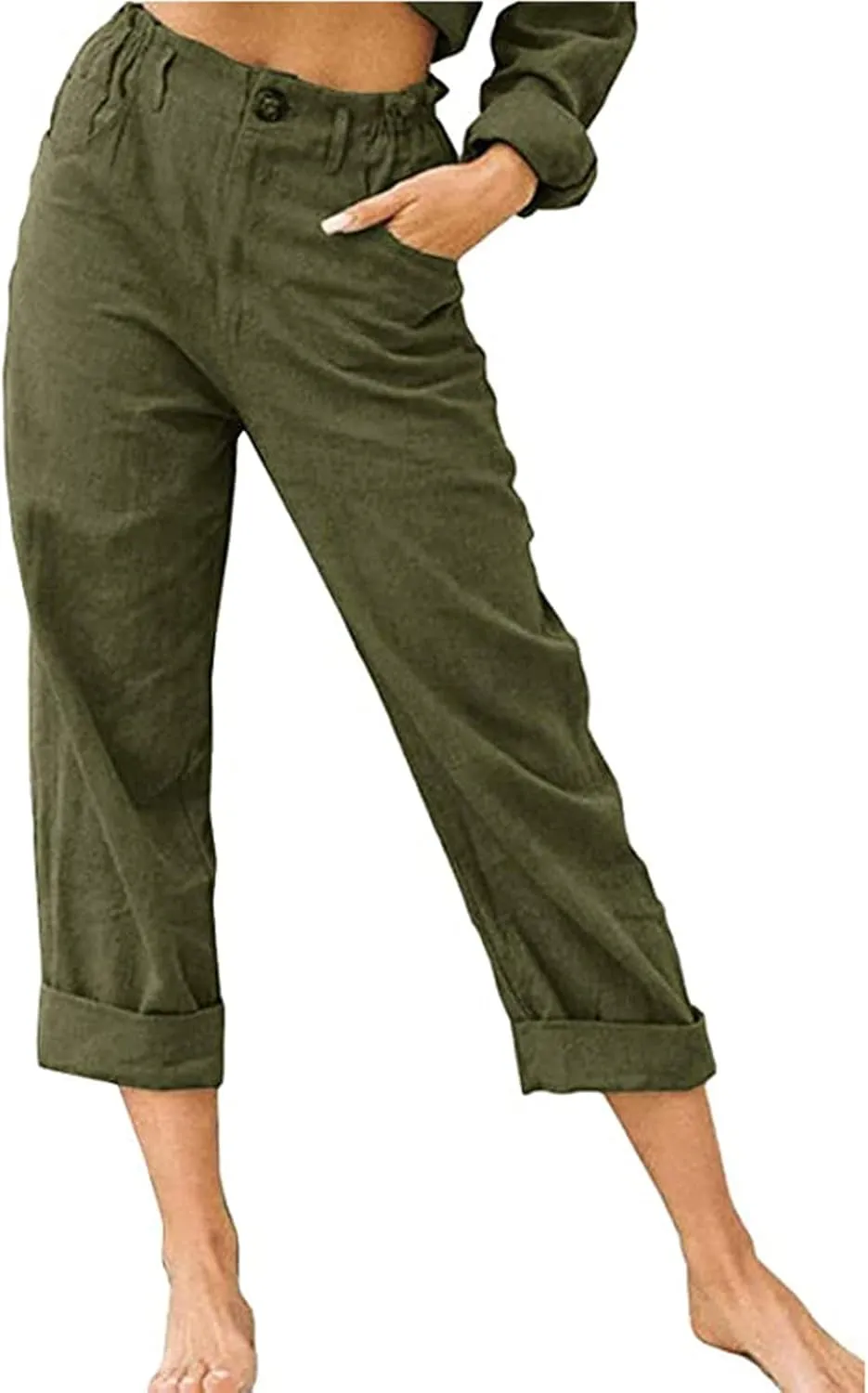 Linen Pants for Women High Waisted Wide Leg Capris Summer Casual Button Elastic Waist Cropped Trousers with Pockets
