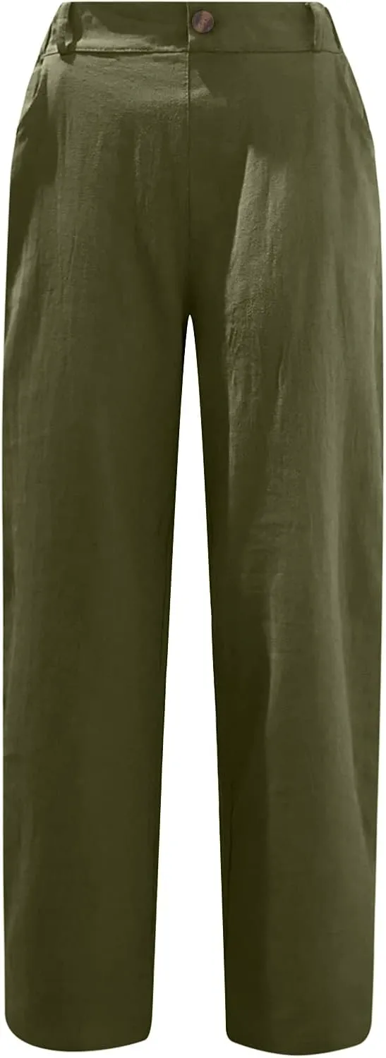 Linen Pants for Women High Waisted Wide Leg Capris Summer Casual Button Elastic Waist Cropped Trousers with Pockets