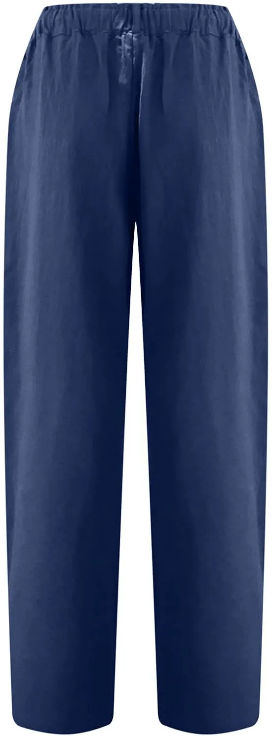 Linen Pants for Women High Waisted Wide Leg Capris Summer Casual Button Elastic Waist Cropped Trousers with Pockets