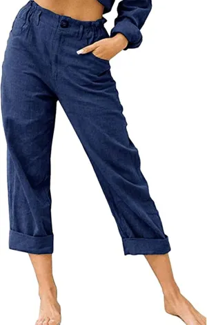 Linen Pants for Women High Waisted Wide Leg Capris Summer Casual Button Elastic Waist Cropped Trousers with Pockets